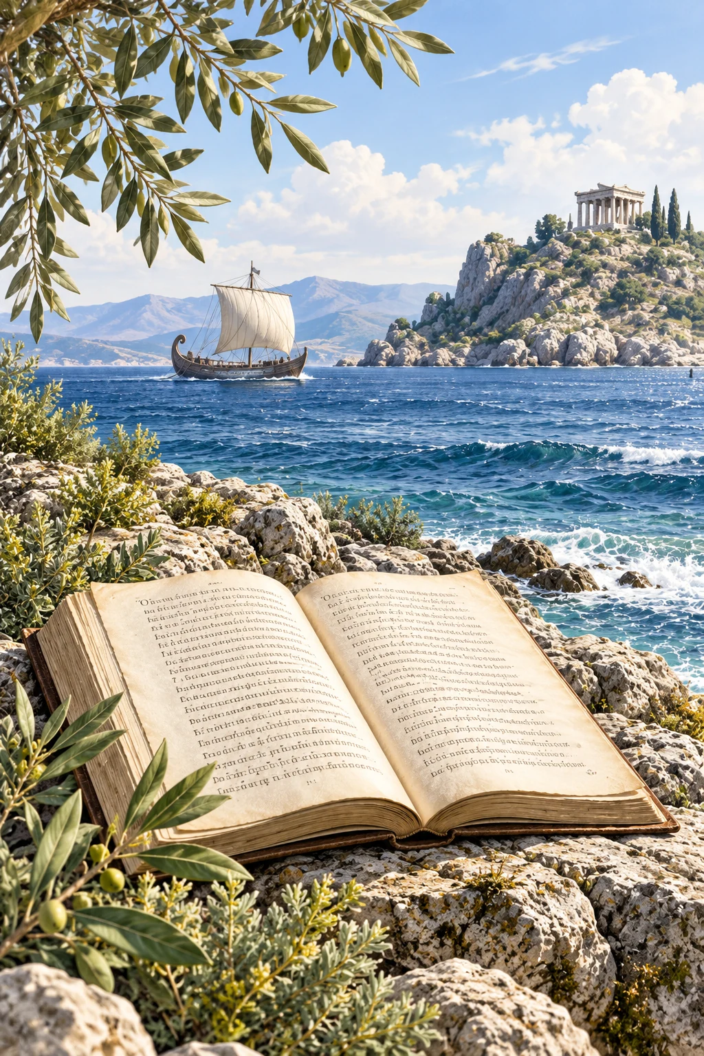 Libro con texto abierto sobre una roca junto al mar