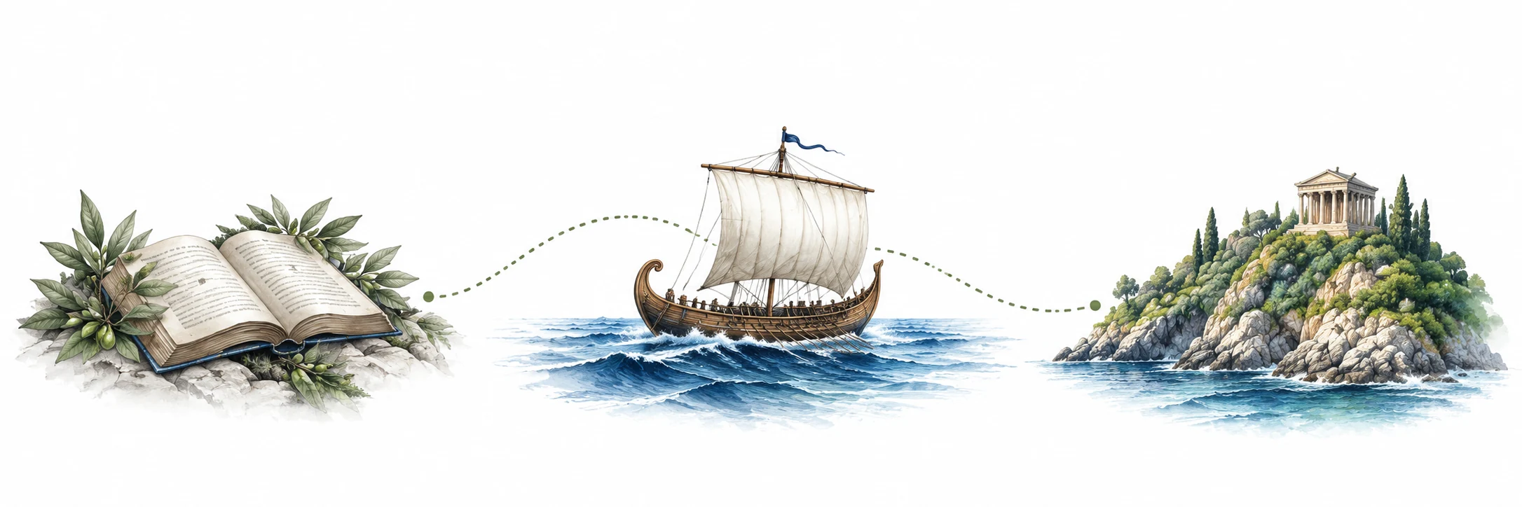 Un libro, un barco y una isla representan las tres etapas de la travesía